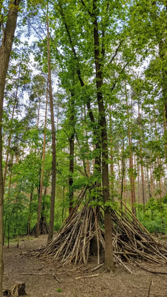 Aus Ästen aufgeschichtete Hütte im Wald