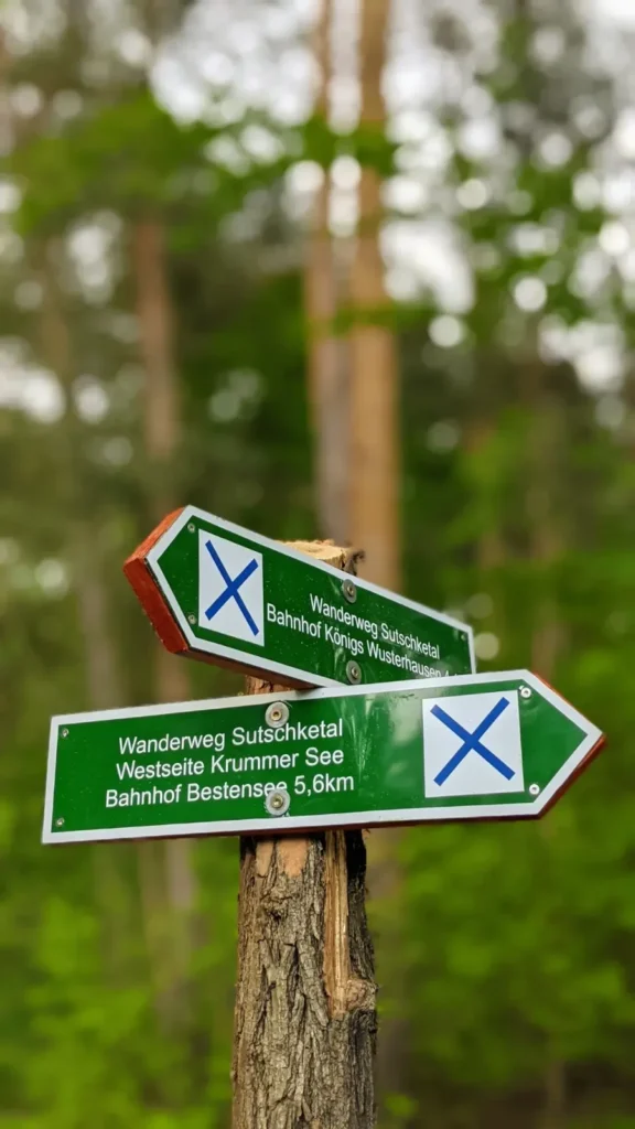 Grüner Wegweiser des Wanderwegs Sutschketal mit Hinweis auf Westseite Krummer See und Bahnhof Bestensee