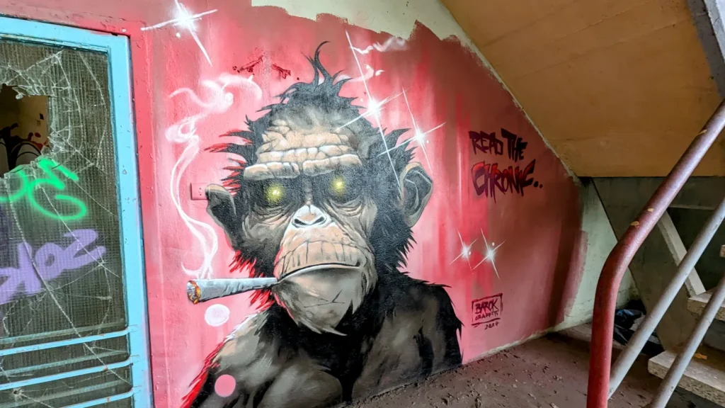 Wandbild mit rauchendem Affen an einer roten Wand, signiert mit Barok