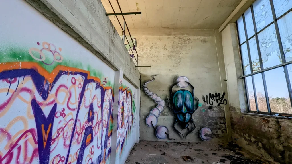Buntes Graffiti mit einem Käfer an einer Hallenwand