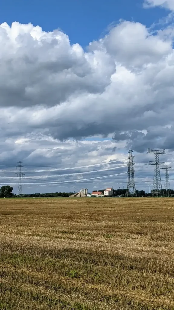 Abgeerntetes Feld mit Strommasten am Barnimer Dörferweg in der Wartenberger Feldmark im August