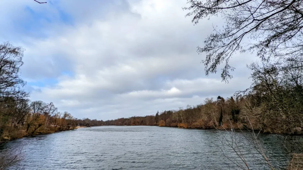 Blick über den Plötzensee im Wedding im Winter, an den Ufern kahle Bäume unter Wolken