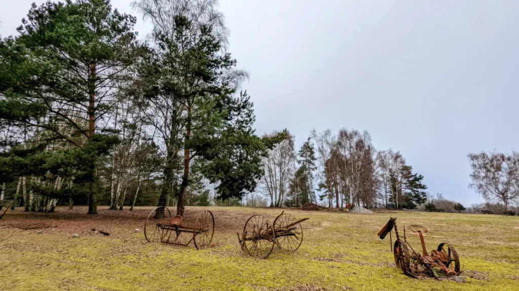 Drei alte Landmaschinen auf einer Wiese zwischen Wünsdorf und Sperenberg