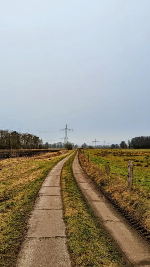 Feldweg mit Spur aus Betonplatten und Strommasten bei Wünsdorf